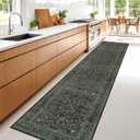 Vintage Washable 2x10 Runner Rug Non Slip for Hallway, Kitchen, Entryway, 10ft Stain Resistant Extra Long Soft Rug Runners, Dark Green Floral Unique Botanical Floor Mat