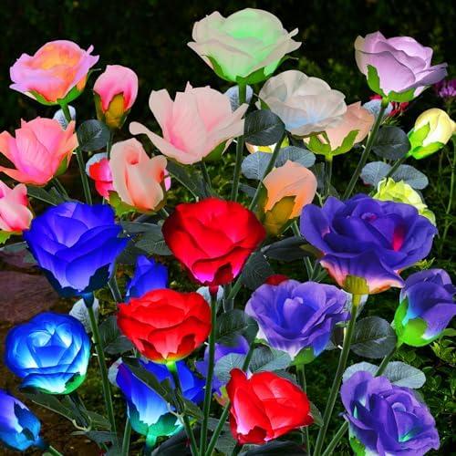 ANGMLN Solar Garden Lights, 6 Pack Solar Flower Lights Outdoor Waterproof with 30 Head Realistic Rose 7-Color Changing Landscape Light for Garden Yard Pathway Patio Grave Cemetery Decoration