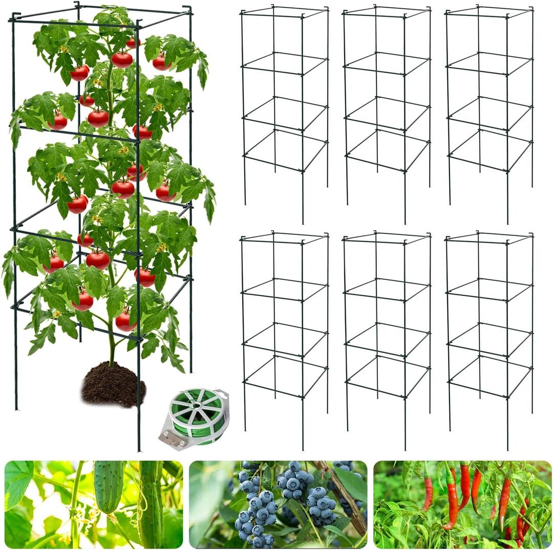 6 Packs Tomato Cages for Garden, 12"×12"×39" Plant Support Cage with Different Spacing, Green Metal Trellis for Climbing Plants Like Cucumber, Flowers