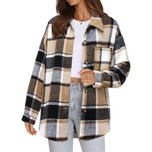 Beaully Women's Flannel Plaid Shacket Long Sleeve Button Down Shirts Jacket Coats with Side Pockets (Brown/Black)