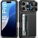 for iPhone 16 Pro Case Wallet, Built-in Card Holder (4-5 Cards), Slide Camera Cover, Military Grade Drop Protection, Rugged Heavy Duty Men Women Protective Phone Case for iPhone 16 Pro, Black