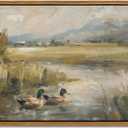 Floating Framed Canvas Wall Art, Vintage Mallard Duck Oil Paintings Print, Countryside Art Wildlife Nature Pond Wall Decor for Living Room, Bedroom, Office, Rustic Decor 16x24 inch