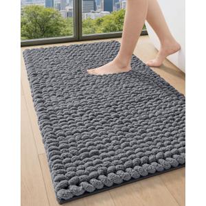 DEXI Bathroom Rugs 24x43, Non Slip Washable Bath Mat, Luxury Chenille Super Absorbent Ultra Thick Bathmats for Shower Floor, Plush Fluffy Shaggy Carpet for Tub, Dark Grey