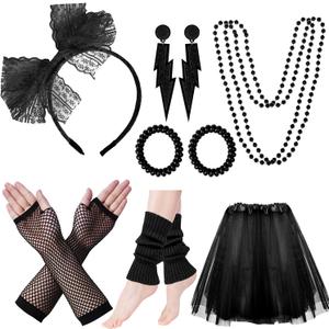 80s Costumes for Women, 80s Accessories Set with Fishnet Gloves Leg Warmers, Tutu Skirts for 1980s Theme Party Outfits (B-black)