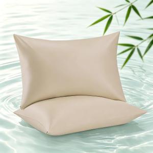 4 Pack Bamboo Viscose Pillow Protectors King Size, 400 Thread Count Cooling Zippered Pillowcases for Hot Sleepers & Night Sweats, Breathable Silky Soft Pillow Covers, Hotel Luxury, Beige, 20x36