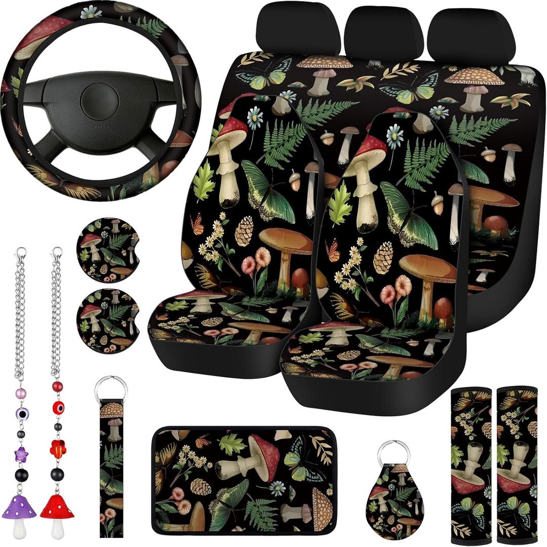 17 Pcs Mushroom Car Seat Covers Mushroom Car Accessories Full Set for Women Men Automotive Rear Front Seat Protector View Mirror Hanging Ornament Steer Wheel Belt Cover (Butterfly Mushrooms)