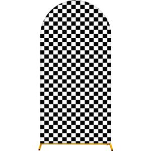 Arch Backdrop Cover 6FT Monster Truck Birthday Party Decorations Black White Checker Arch Covers Spandex Fitted Circle Car Racing Arch Backdrop Covers for Kid Boys Let's Go Racing Party Supplies