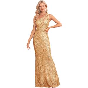 One Shoulder Formal Sequin Dress for Women Sparkly Bodycon Evening Gowns Maxi Mermaid Ball Long Dresses Gold, L