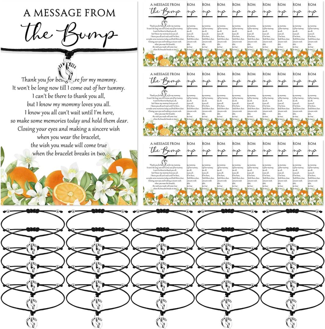 Thyle 50 Set Little Cutie Baby Shower Favors for Guests Adjustable Bracelets with Message from the Bump Card Footprints Charm Baby Shower Bracelets for Gender Reveal Thank You Gifts