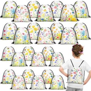 Lothee 30 Pcs Wildflower Party Favor Bags Floral Drawstring Bag Wildflower Birthday Party Decorations Floral Hummingbird Gift Goodie Treat Candy Backpacks for Baby Shower