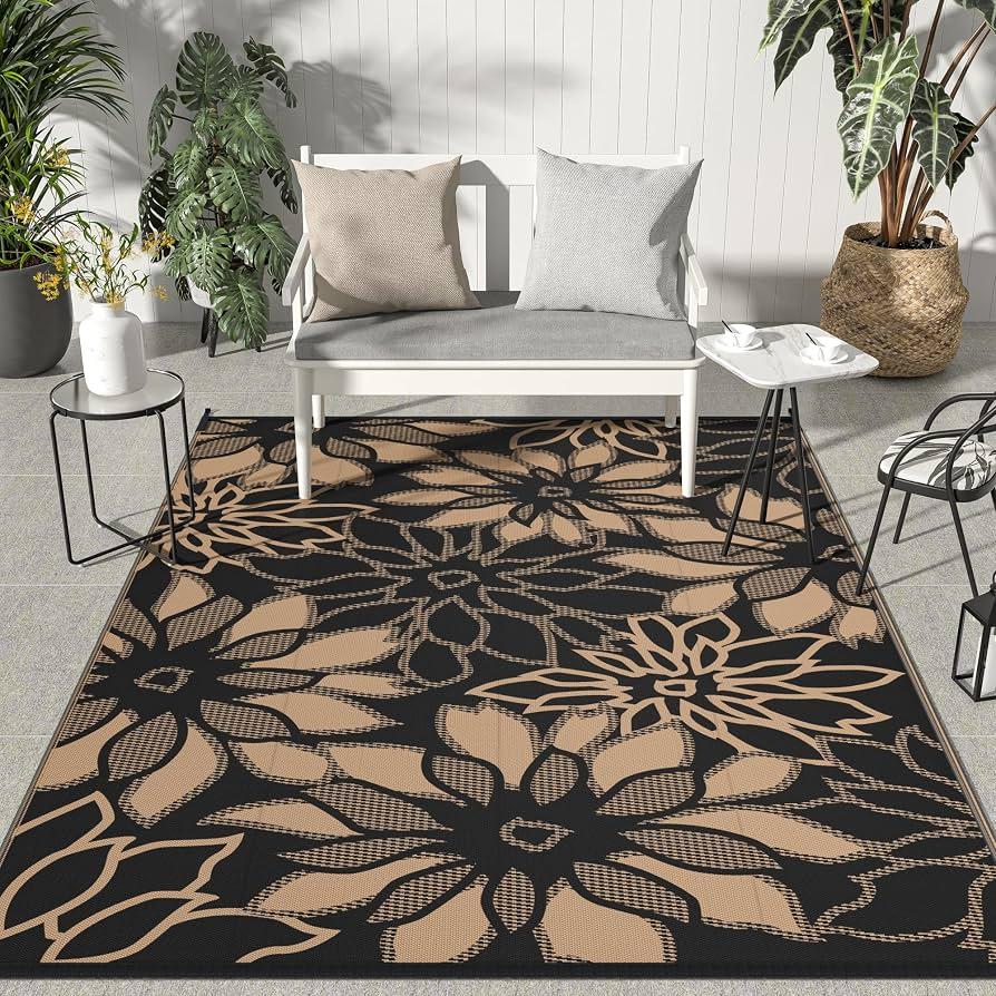 GENIMO Outdoor Rug, Waterproof Plastic Rugs for Patio, 5'x8' BrownOutside Larger Leaf Carpet Mat for Porch Decor, Deck, Balcony, Camping, RV, Backyard, Picnic, Beach, Reversible, Foldable