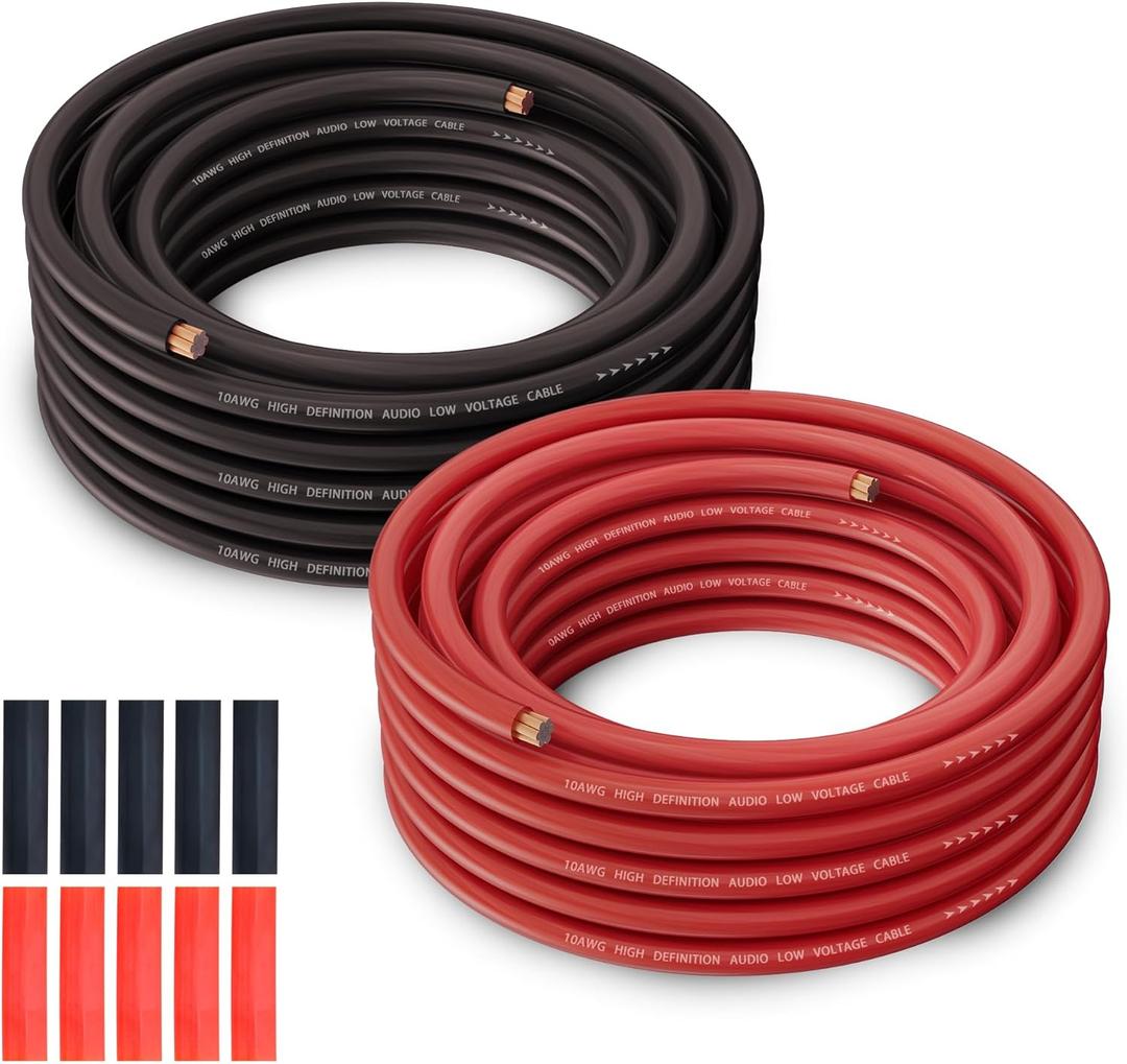10 Gauge Wire (25FT Each, Red/Black), Low Voltage for Automotive Wiring, Battery Cable, 10AWG, Car Audio, Car Amplifier Power or Ground Cable, Translucent Jacket, CCA, with 10 Heat Shrink Tubing