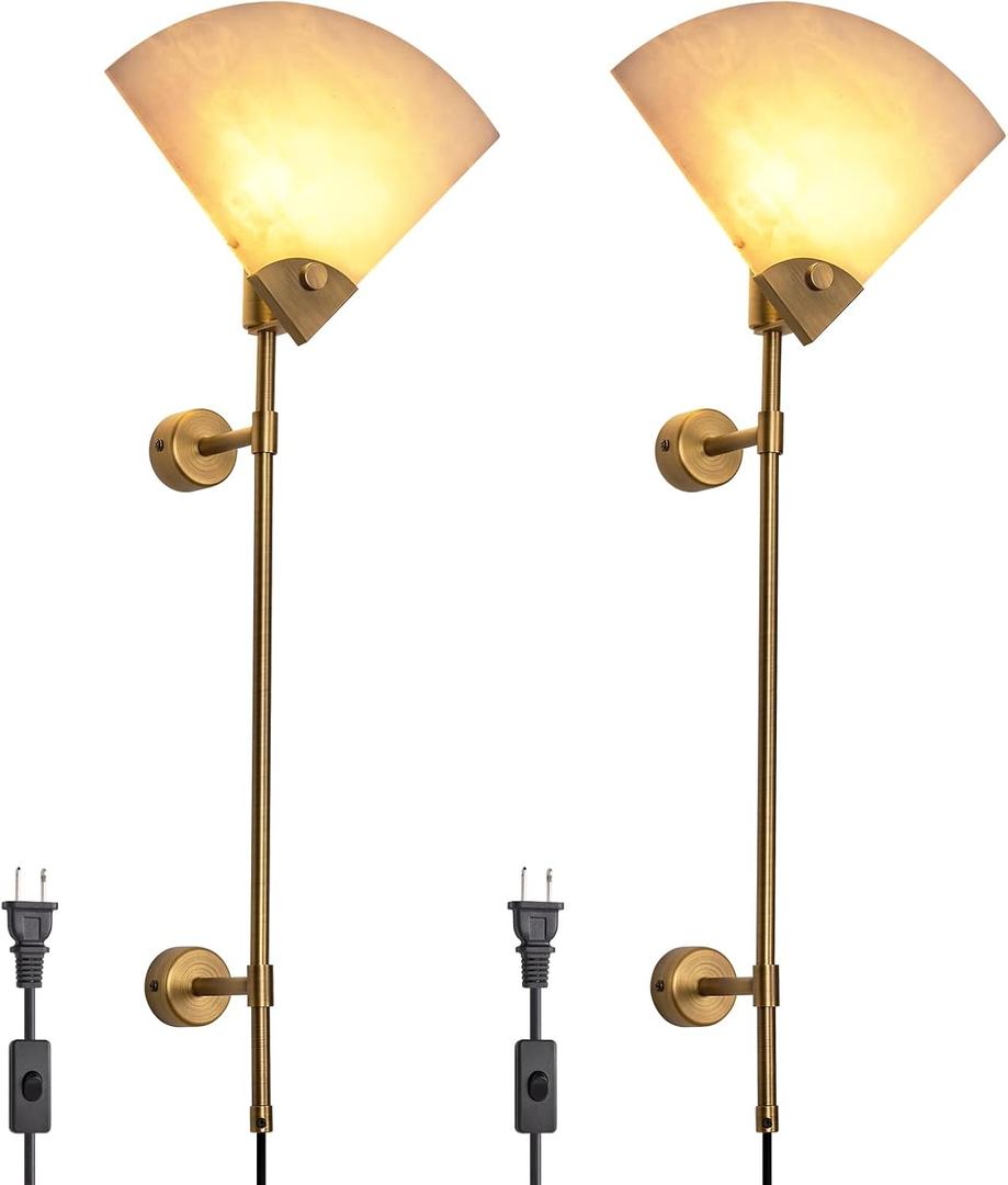 Alabaster Plug in Wall Sconce Set of Two, Natural Marble Wall Light, Wall Mounted Lamp with Plug in Switch E26 Base,Modern LED Wall Lamp for Living Room Dining Room Stairs Bedroom (Brushed antique copper)