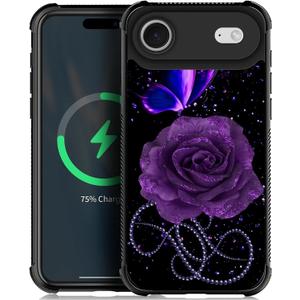 ZHEGAILIAN for iPhone 17 Air Case Compatible with MagSafe Four-Corner Reinforced Shockproof Soft TPU Protective Hard PC Back Cover Girls Case for iPhone 17 Air 6.6inch Starry Purple Rose Butterfly