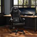 HLDIRECT Gaming Chair, Ergonomic Computer Office Chair with Lumbar Support Footrest Headrest, Adjustable Height & Backrest Angle Video Gamer Chair, PU Leather, 360 Swivel, Adult (Black), Standard