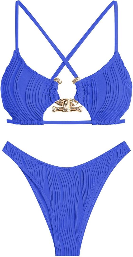 ZAFUL Women's Sexy Cutout Bikini Set High Cut Textured Metal Ring Cheeky Swimsuit Two Piece Bathing Suit