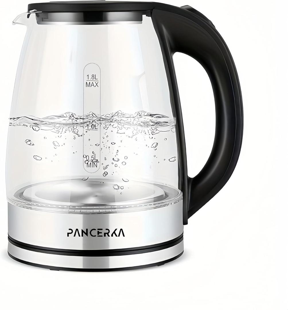 PANCERKA Electric Kettle, 1.8 Liter Electric Tea Kettle with LED Illuminated and High Borosilicate Glass, Hot Water Kettle, Auto Shutoff, Boil-Dry Protection, 360 Base