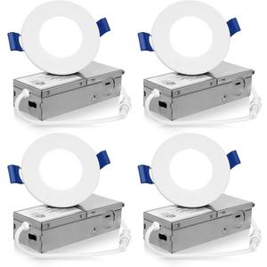 Meconard 4 Pack 3 Inch 5CCT LED Recessed Ceiling Light with Junction Box, 2700K/3000K/3500K/4000K/5000K Selectable Ultra-Thin Lighting, Dimmable 6W=60W, 600LM, IC Rated Can-Killer Downlights, ETL