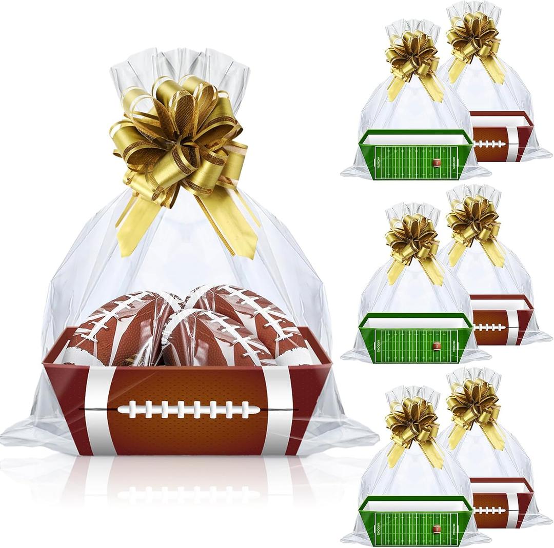 6 Set Football Baskets for Gifts 10 x 8 x 3.2 Empty with Cellophane Wraps and Ribbons Bows Cardboard Basket Tray for Gifts Packaging Football Season Themed Party Favors