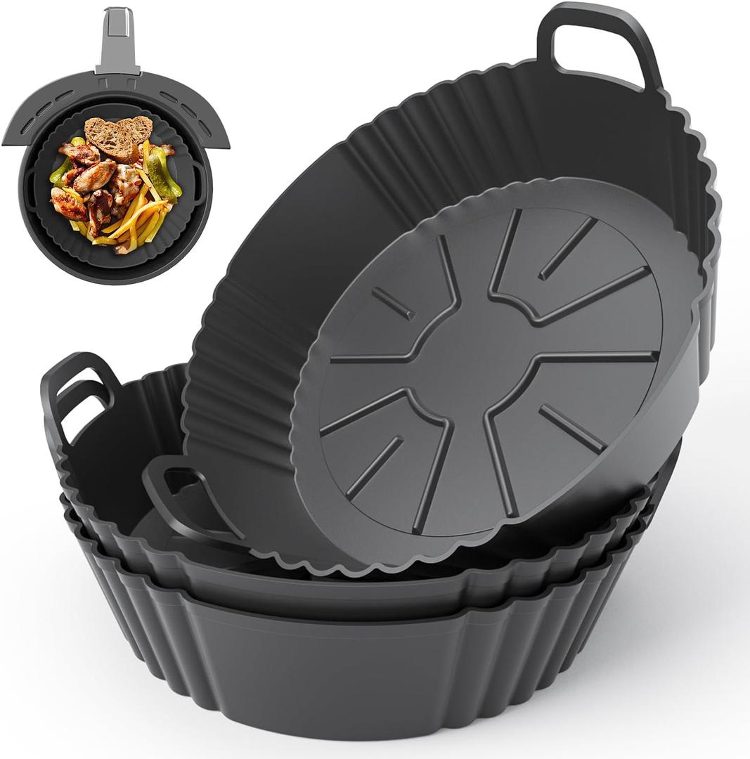 Round Silicone Air Fryer Liners 3Pack, Ninja AF101 & AF161 Silicone Liners for 4-5.3QT, Reusable Air Fryer Accessories Food Grade Liners, Compatible with Ninja, COSORI, Tefal, Bear, Chefman (Black)