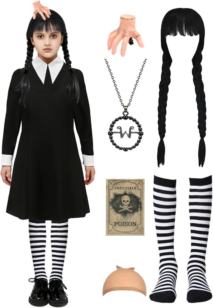 DIYLN 7pcs Girls Halloween Costume Kids Black Dress with Wig Necklace Socks Accessories (150 (11-12 Years), Black Style 1)