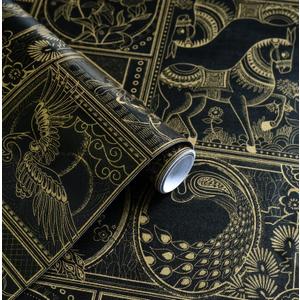 Erfoni 394"x17.7" Vintage Peel and Stick Wallpaper Black and Gold Contact Paper Peel and Stick Removable Animal Pattern Wall Paper DIY Waterproof Self Adhesive Wallpaper for Accent Wall Covering