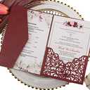 25 Sets Burgundy 250G Tri Fold Wedding Invitations Cards With Envelopes Inserts Greeting Laser Cut Pocket invites for Wedding Bridal Shower Birthday