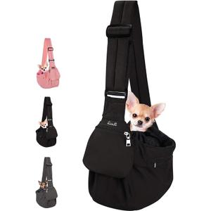 Lukovee Dog Sling Carrier, Hard Bottom Support & Adjustable Soft Padded Shoudler Strap Dog Slings for Small Dogs, Dog Purse with Drawstring Mesh Opening & Zipper Pockets for Puppy Cat Pet (Black)