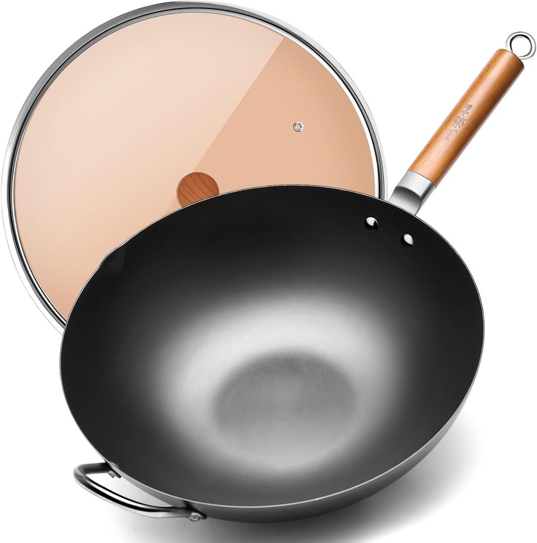 WANGYUANJI Carbon Steel Wok 14.2", Large Nitriding Flat Bottom Stir Fry Pan with Lid, No Chemical Coating Rust Resistant Iron Skillet for Induction Electric Gas Stoves, Big Capacity Serves 6+