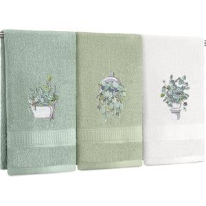 3 Pcs Eucalyptus Hand Towels Farmhouse Embroidered Botanical Bathroom Decor 13.3x29.5 Inch Farmhouse 100% Cotton Decorative Green Leaves Hand Towels for Bathroom Kitchen (Nature Color)