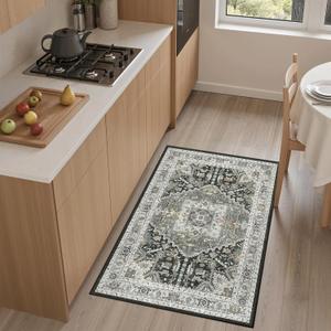 Madane Washable Area Rug 2x3, Small Entryway Rug Non-Slip Vintage Door Mat Indoor Entrance, Low Pile Floor Carpet for Inside Front Door Kitchen Entry (2'x3', Grey Green/Black Olive)