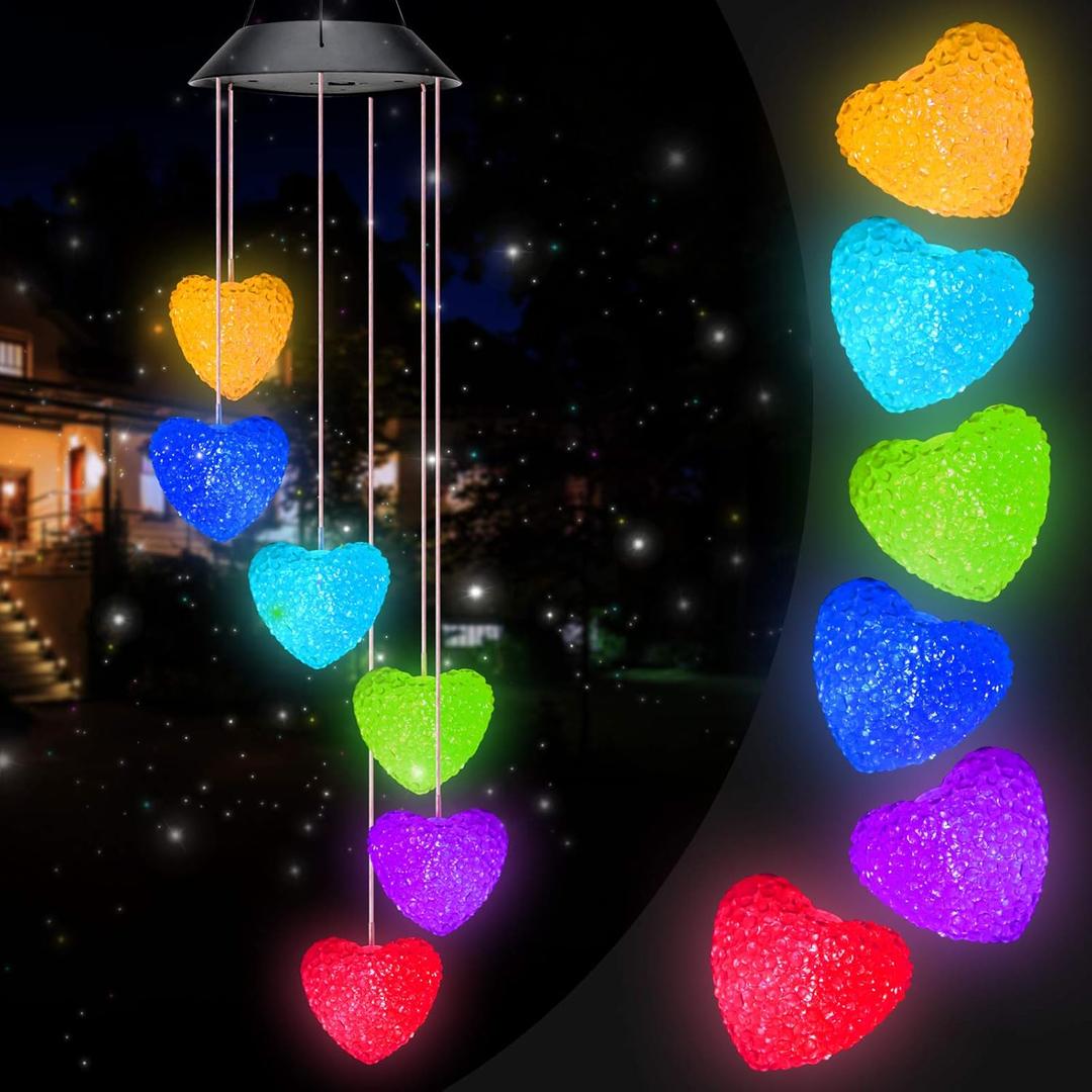 PACETAP Heart Solar Wind Chimes Outdoor,LED Solar Wind Chimes Color Changing Mobile Wind Chime Waterproof Solar Lights,Outdoor Valentines Decorations,Valentine Lights Outdoor,Valentines Heart Lights