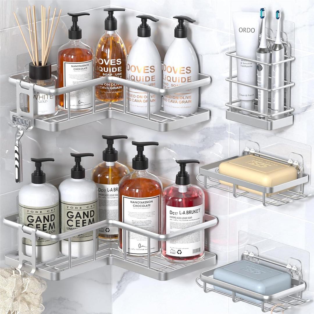 Liuoud 5 Pack Shower Caddy Organizer Rack Shelf for Inside Shower, Self Adhesive Wall Storage Basket Rustproof Stainless Steel Shampoo Holder Bathroom Accessory Decor Set, Gold
Corner Shower Caddy Organizer, Self-Adhesive Rustproof Bath Shelves with Soap Holder & 4 Hooks, Large Capacity Shower Storage Rack for Bathroom Organization, (3Pack, Silver)