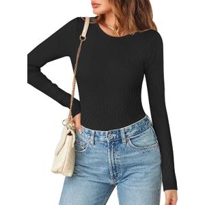 MEROKEETY Women's Long Sleeve Ribbed Bodysuits Crew Neck Slim Body Suits 2025 Knit Sweater Tops (Large, Black)
