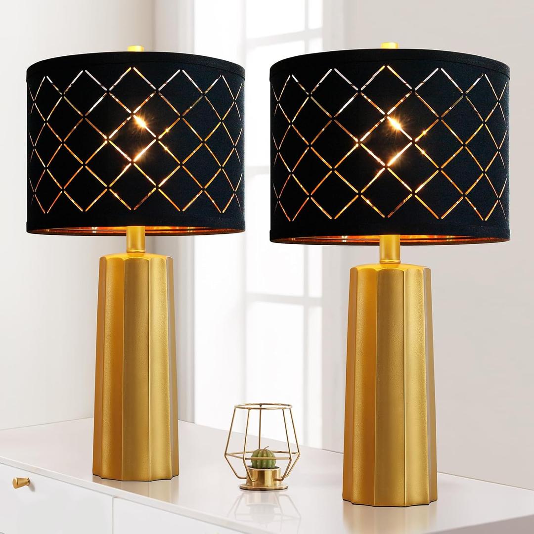 RORIANO Set of 2 Modern Table Lamps for Living Room Bedroom, Gold Nightstand Resin Lamps with Black Grid Shade, Contemporary Desk Lamps for Bedside End Tables, 2 Bulbs Included (Gold)