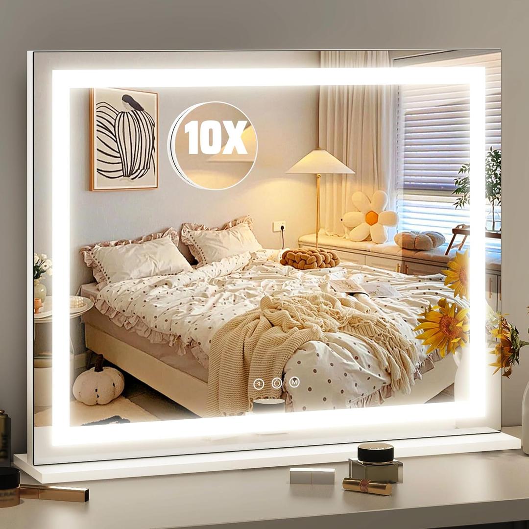 HNV 22.8"x18" Lighted Vanity Mirror, Makeup Mirror with 10X Magnification, 3-Color Dimmable LED, Sturdy Desktop Mirror with Power Adapter, White