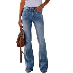 Koinshha Womens High Waisted Jeans Flare Stretch Boyfriend Bootcut Casual Denim Pants (12 Long, Light Blue)