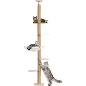 Floor to Ceiling Cat Tree for Large Cats, 76-108in Height Adjustable 5-Tier Wood Cat Tower, Cats Activity Center with Plush Hammock & Jute Rope Scratching Posts for Indoor Cats