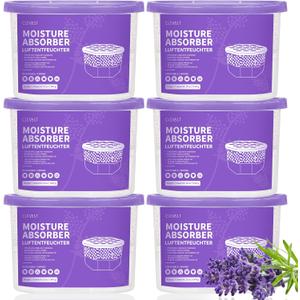 CLEVAST Moisture Absorber Boxes 6 Pack, 12 Oz Dehumidifier for Closet & Bathroom, Humidity Absorber for Wardrobe, Bedroom, RV & Car, Moisture Control, Lavender Scented