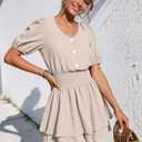 AGERWAY Womens Rompers Summer Casual Short Sleeve V Neck Dressy Layered Ruffle Hem Smocked Waist Jumpsuits One Piece Outfits (Beige, S)