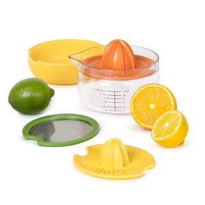 Tovolo All-in-1 Citrus Juicer and Zester Set, White & Yellow  Manual Juicer with Measuring Cup, Dual Reamers, BPA-Free, Dishwasher Safe, Compact Storage