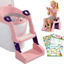 3-in-1 Potty Training Toilet, Toddler Toilet Seat with Step Stool, Foldable Potty Ladder with Potty Chart, PU Cushion, Splash Guard, Anti-Slip Steps & Urinal for Girls & Boys, Pink & Purple 