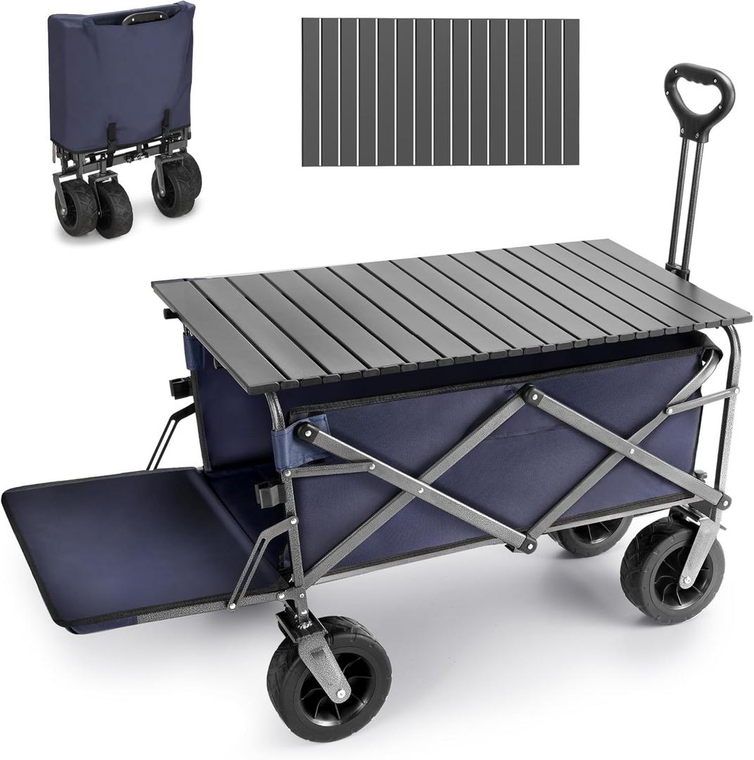 Rengue Collapsible Wagon Carts with Table Foldable,300Lbs Capacity 43" Extra Long Extender Tailgate Design,Heavy Duty Beach Wagon with Big Wheels for Outdoor Camping,Sports,Shopping,Beach