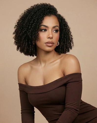 The fox Kinky Curly Half Wig Human Hair with Melted 4C Kinky Edges, Glue less 3C/4A Wigs, Flip Over Drawstring Zero Leave-Out Protective Style, 180% Density 14 Inch Natural Color