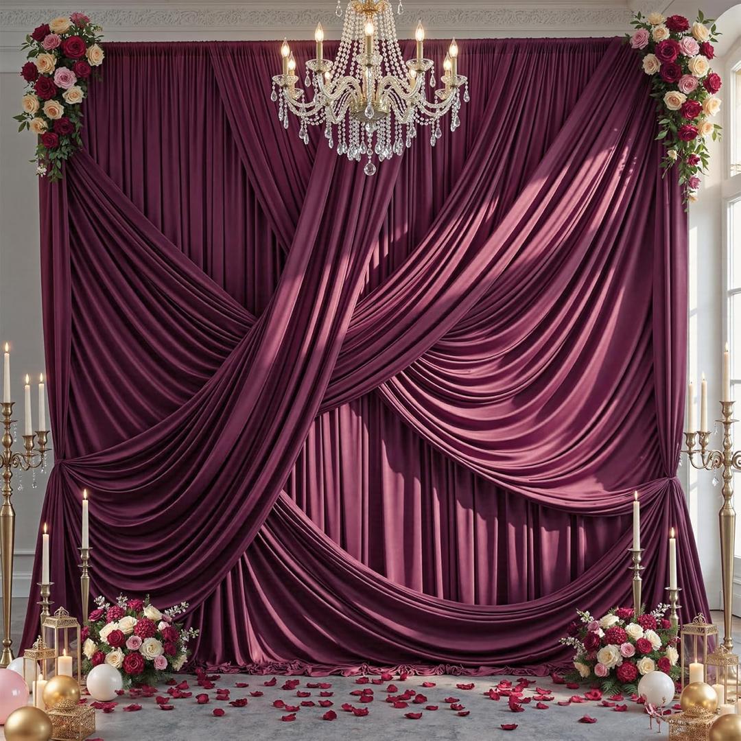 50ft12ft Burgundy Backdrop Curtains for Wedding Parties, 10 Panels Wrinkle Free Polyester Photo Backdrop Drapes Back Drop Cloth for Birthday Photography Background, W5' x H12'
