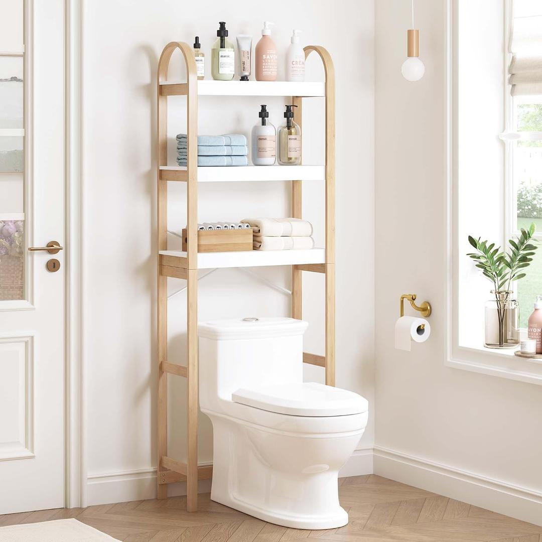 Spirich Over The Toilet Storage Shelf, 3-Tier Over Toilet Bathroom Organizer, Space-Saving Above Toilet Storage Shelf Rack with Bamboo Frame