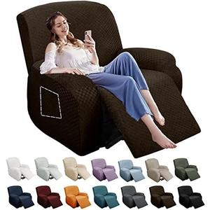YEMYHOM 4 Pieces Stretch Recliner Slipcover Latest Jacquard Recliner Chair Cover with Side Pocket Anti-Slip Fitted Recliner Cover Couch Furniture Protector with Elastic Bottom (Recliner, Dark Coffee)