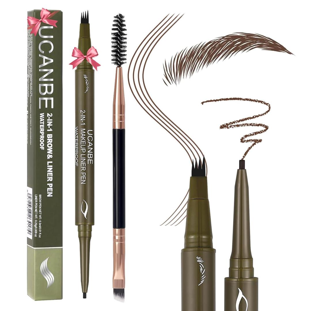 UCANBE Eyebrow Pencils for Women with Spoolie Brush, Dual-Ended Eyebrow Pen with 4-Fork-Tip & Gel Eyeliner, Microblading Brow Pen with Eyeliner Pencil + Brow Brush for Hair Like Brows, Dark Brown