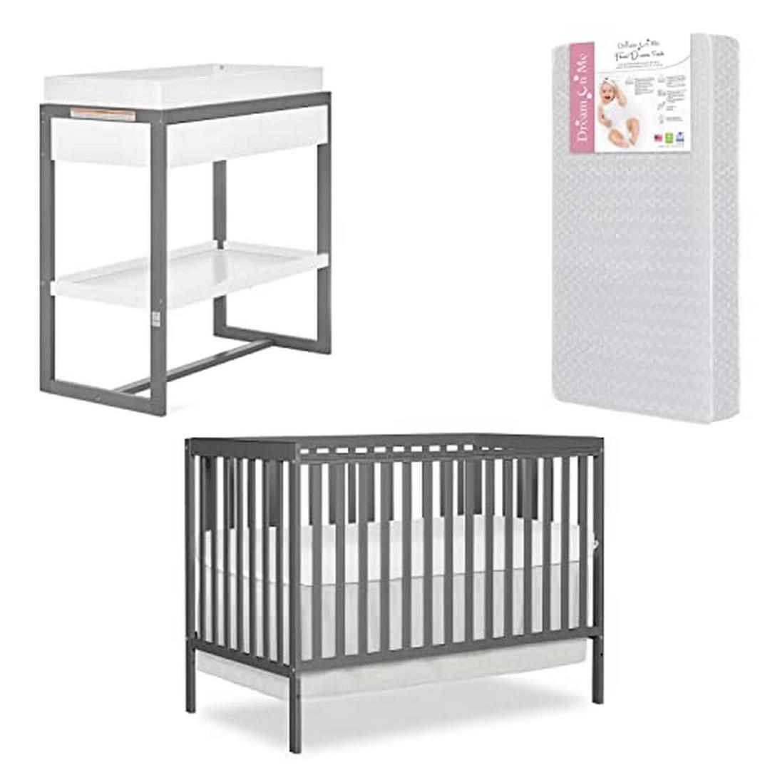 Dream On Me Nursery Essentials Bundle of Dream On Me Synergy 5 in 1 Convertible Crib, Dream On Me Arlo Changing-Table, with a Dream On Me Honeycomb Orthopedic Firm Fiber Standard Crib Mattress, Steel Gray