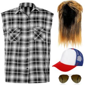 SATINIOR 80s Costume for Men Blonde Mullet Wig Men Flannel Plaid Sleeveless Plus Size Vest Metal Frame Blonde Sunglasses Hat(Black,XL Large Shirt)